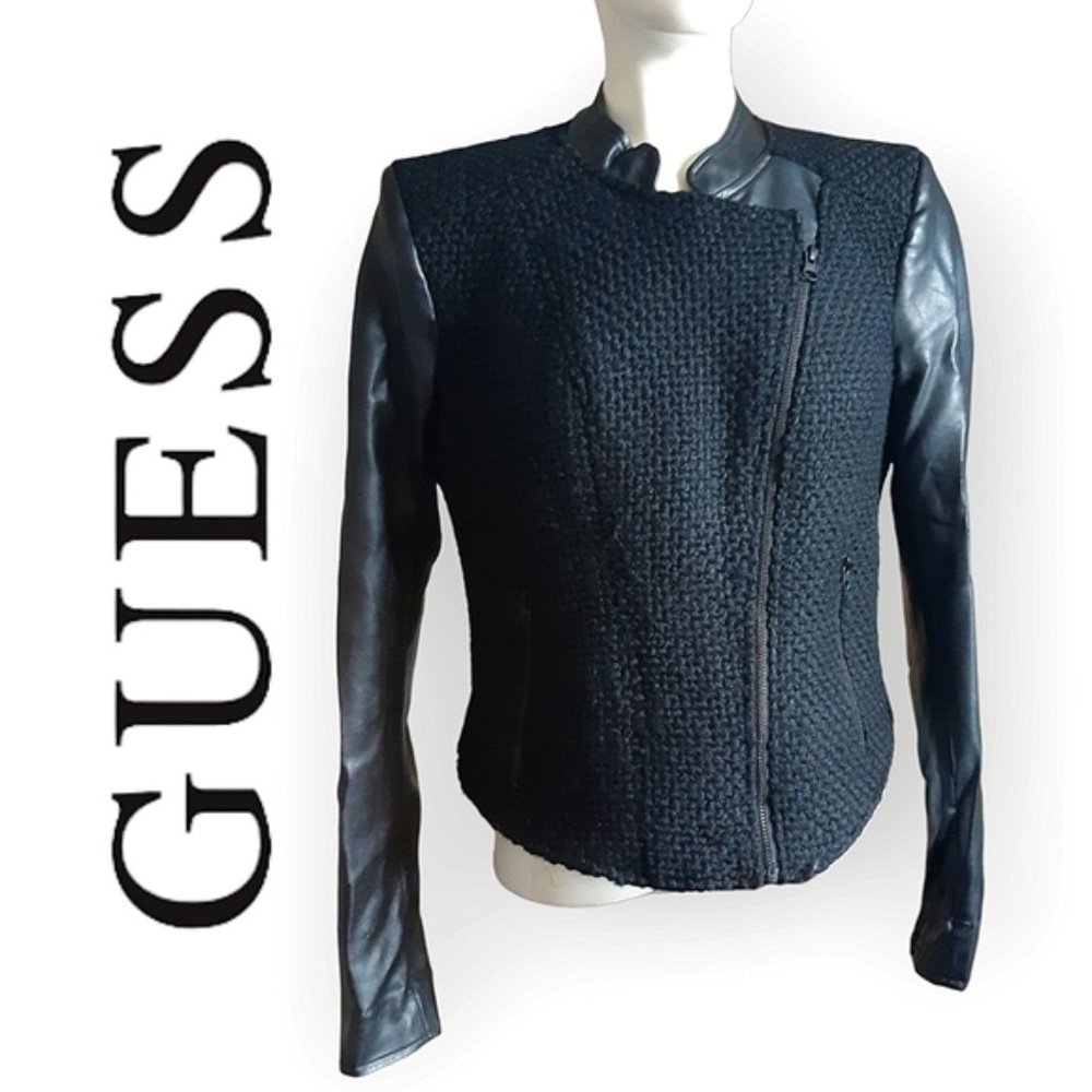 **SOLD** GUESS black knit and faux leather asymmetric moto sleeve zip jacket